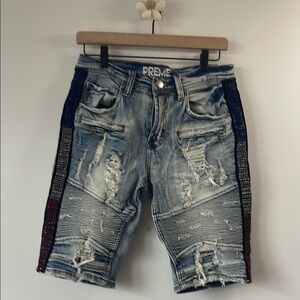 PREME  Blue Jean Shorts with Distressed Details and Side Stripes